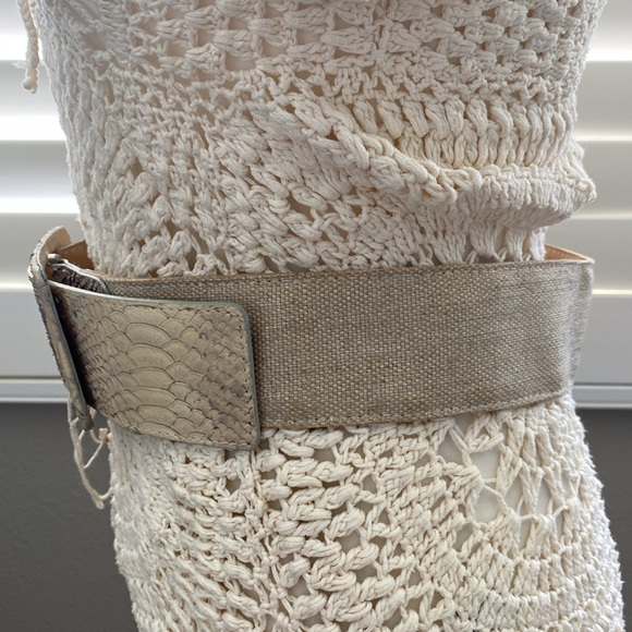 Vintage Metallic canvas snakeskin leather bone nude wide Waist Statement Belt - Picture 2 of 10